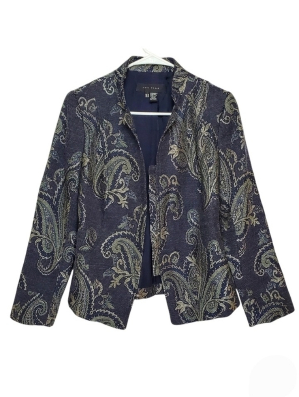 7630 * Zara Woman Paisley Print Blazer Navy Blue Gold Cropped Jacket Size M